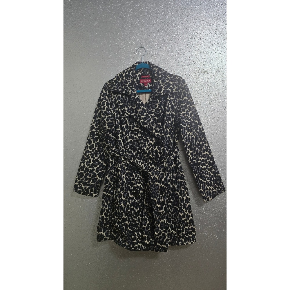 Merona Leopard Print Trench Coat Blue Black Water Repellent Belted Jacket S